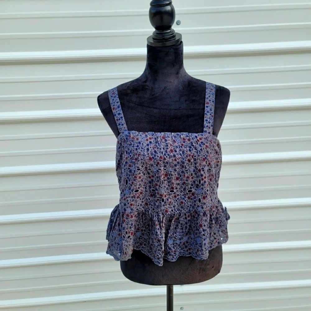 American Eagle Outfitters floral peplum tank top Gray Navy Floral Ruffle Strap S